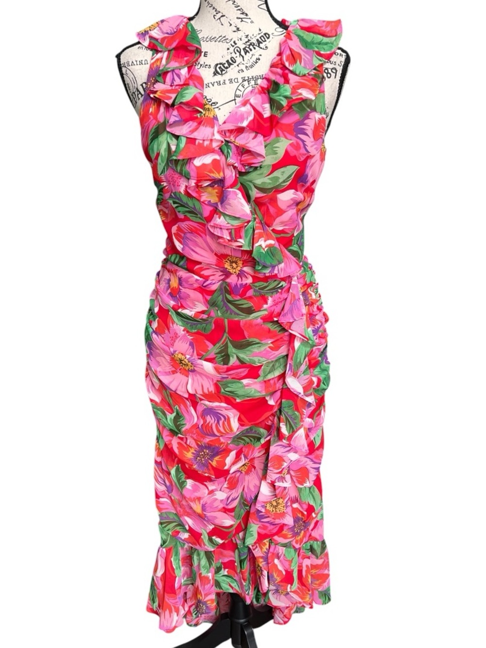 Kensie Pink and Green Floral Ruffle Midi Dress